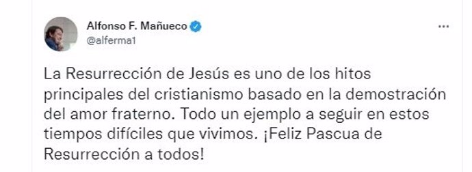 Captura del tuit de Fernández Mañueco con motivo del Domungo de Resurrección