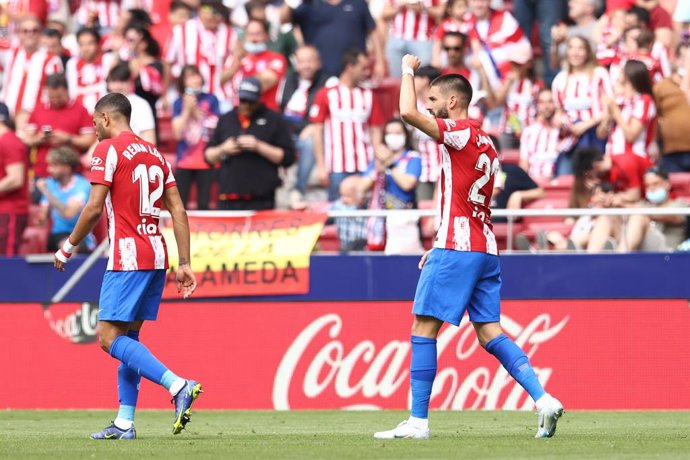 Yannick Carrasco of Atletico de Madrid celebrates a goal during the spanish league, La Liga Santander, football match played between Atletico de Madrid and RCD Espanyol at Wanda Metropolitano stadium on April 17, 2022, in Madrid, Spain.