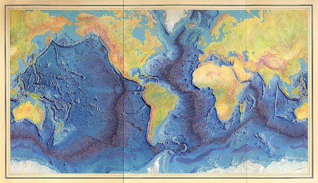 Pintura de la Dorsal Medio-Oceánica con el eje del rift por Heinrich Berann basada en los perfiles científicos de Marie Tharp y Bruce Heezen (1977).