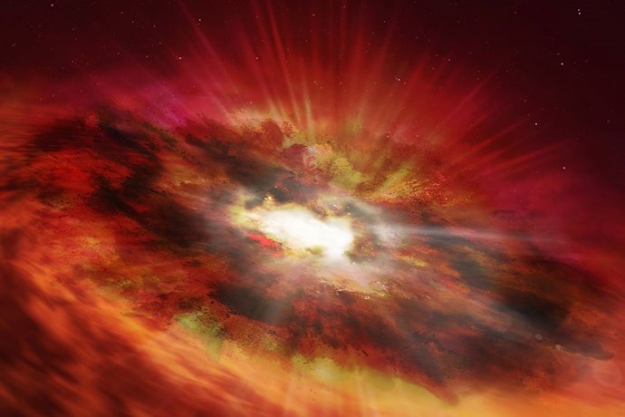 Impresión artística de un joven agujero negro en crecimiento que emerge del centro de una polvorienta galaxia con estallido estelar.