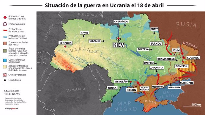 Mapa con la situación de la guerra en Ucrania el 18 de abril de 2022 (Estado a las 10:30 horas). Al menos seis personas han muerto como consecuencia de una serie de ataques con misiles en la ciudad ucraniana de Leópolis, en la zona oeste del país, según