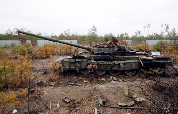 April 13, 2022, Kyiv Region, Ukraine: Destroyed military equipment of the russian army is seen near the village of Dmytrivka, Bucha district, Kyiv Region, north-central Ukraine,Image: 682569356, License: Rights-managed, Restrictions: , Model Release: no