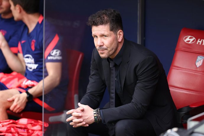Diego Pablo Simeone, coach of Atletico de Madrid, looks on during the spanish league, La Liga Santander, football match played between Atletico de Madrid and RCD Espanyol at Wanda Metropolitano stadium on April 17, 2022, in Madrid, Spain.