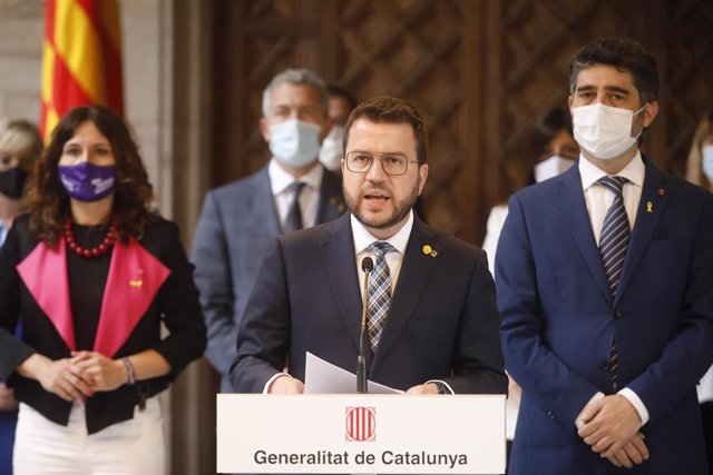 Comparecencia del presidente de la Generalitat, Pere Aragonès, tras la reunión extraordinaria del Govern para coordinar la respuesta ante el presunto caso de espionaje a líderes independentistas