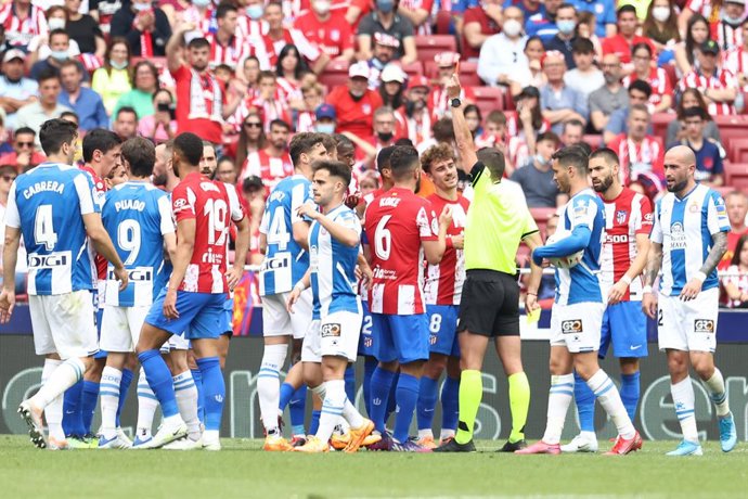 Geoffrey Kondogbia of Atletico de Madrid see the second yellow card and red card during the spanish league, La Liga Santander, football match played between Atletico de Madrid and RCD Espanyol at Wanda Metropolitano stadium on April 17, 2022, in Madrid,