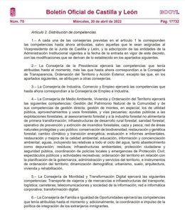 Captura del Bocyl con el decreto de reestructuración de consejerías con el reparto de competencias