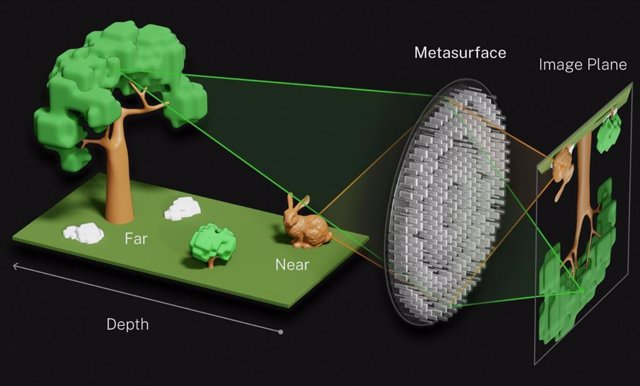 Ilustración de cómo la metalente modelada sobre la lente compuesta de un trilobite enfoca simultáneamente el objeto tanto cerca (conejo) como lejos (árbol).