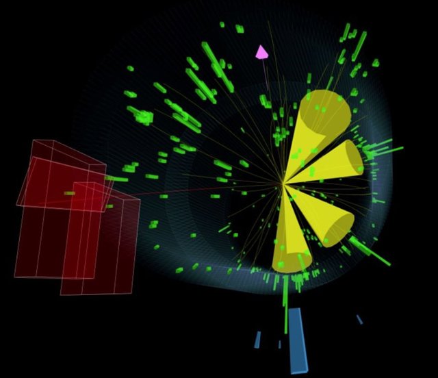 La firma clásica de un par de quarks superiores en las colisiones del LHC son cuatro chorros (conos amarillos), un muón (línea roja, también detectado por detectores de muones del CMS como cuadros rojos) y la energía faltante de un neutrino (flecha rosa)