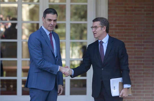 El presidente del Gobierno, Pedro Sánchez (i), recibe al presidente nacional del PP, Alberto Núñez Feijóo (d), en La Moncloa