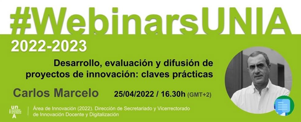 Cartel del webinar de la UNIA 'Desarrollo, evaluación y difusión de proyectos de innovación: claves prácticas'