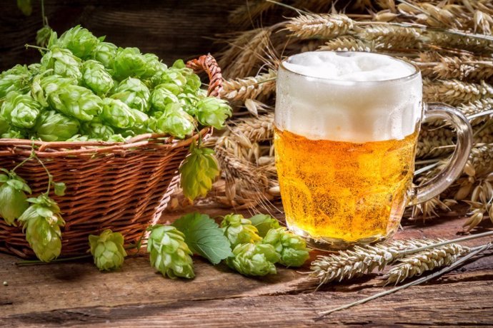 Archivo - Small beer with a large foam surrounded by hops