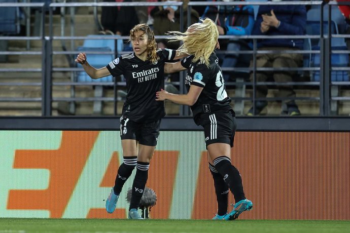 Olga Carmona of Real Madrid celebrates a goal with teammates during the UEFA Women Champions League, quarter finals, football match played between Real Madrid and FC Barcelona at Alfredo Di Stefano stadium on March 22, 2022, in Madrid, Spain.
