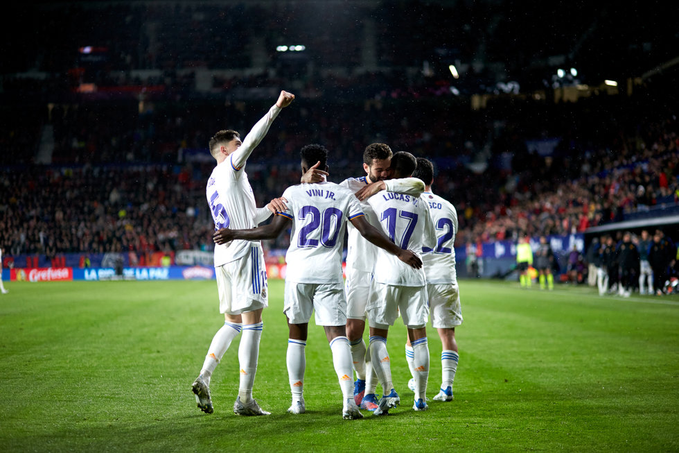 Lucas Vazquez of Real Madrid CF reacts after scoring goal during the Spanish league match of La Liga between, CA Osasuna and Real Madrid CF at El Sadar on April 20, 2022, in Pamplona, Spain.