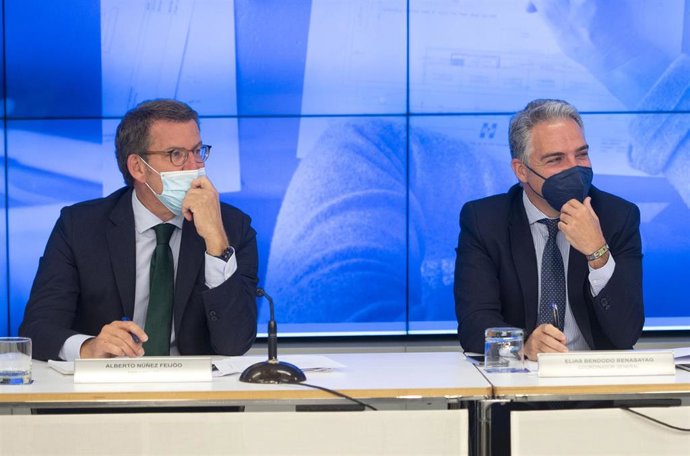 El líder del PP, Alberto Núñez Feijóo (i), y el consejero de la Presidencia, Administración Pública e Interior, Elías Bendodo, en la reunión del Comité Ejecutivo Nacional, en la sede del PP, a 20 de abril de 2022, en Madrid (España). 
