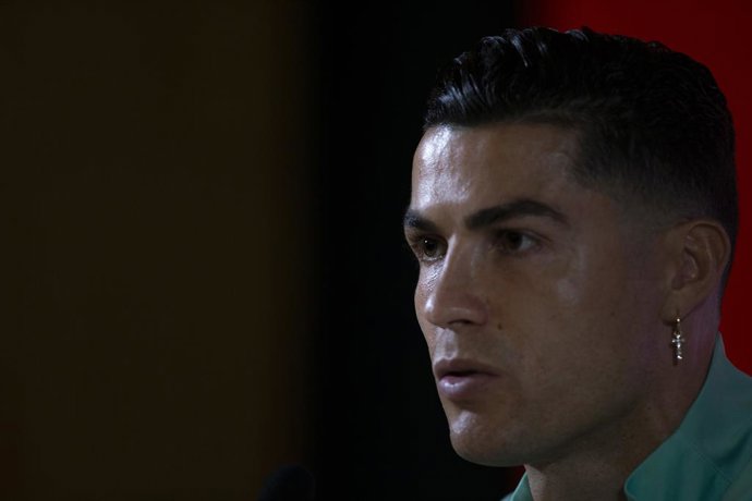 28 March 2022, Portugal, Porto: Portugal's Cristiano Ronaldo attends a press conference ahead of Tuesday's 2022 FIFA World Cup European qualification Play-Offs soccer match against North Macedonia. Photo: Pedro Correia/Atlantico Press via ZUMA Press/dpa