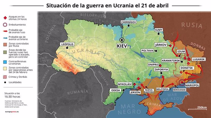 Mapa con la situación de la guerra en Ucrania el 21 de abril de 2022 (Estado a las 16:30 horas). El presidente de Rusia, Vladimir Putin, ha ordenado este jueves suspender la ofensiva en la acería Azovstal, uno de los escasos puntos de resistencia que qu