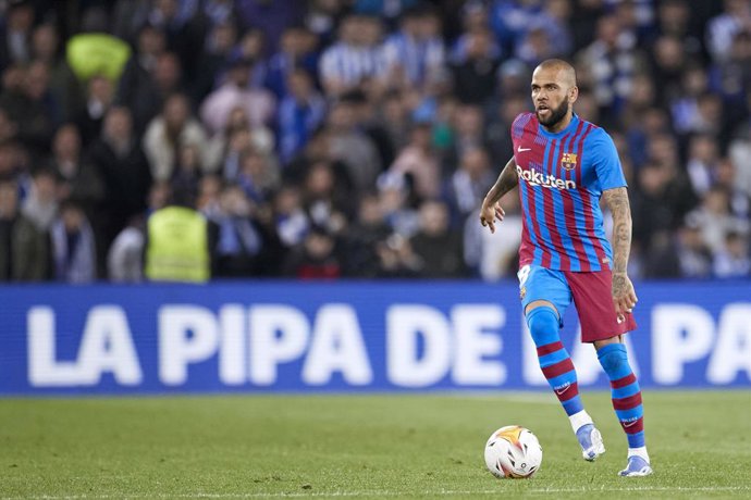Dani Alves of FC Barcelona in action during the Spanish league match of La Liga between, Real Sociedad and FC Barcelona at Reale Arena on April 21, 2022, in San Sebastian, Spain.