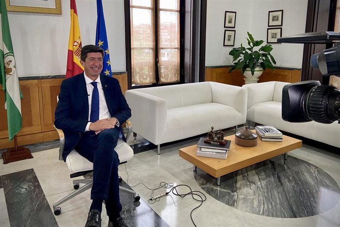 El vicepresidente de la Junta y coordinador de Cs en Andalucía, Juan Marín, este viernes durante su entrevista con TVE.