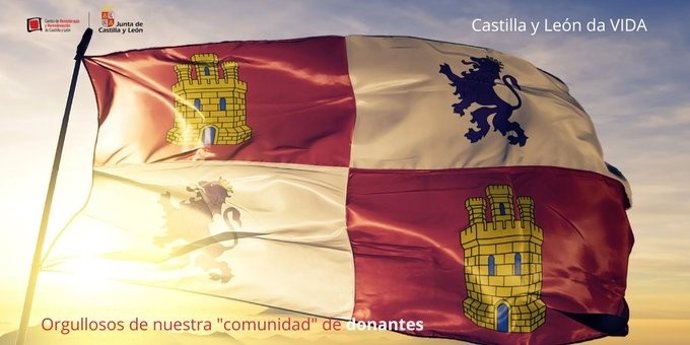 Bandera de Castilla y León con el mensaje del Chemcyl sobre la importancia de donar sangre para dar vida