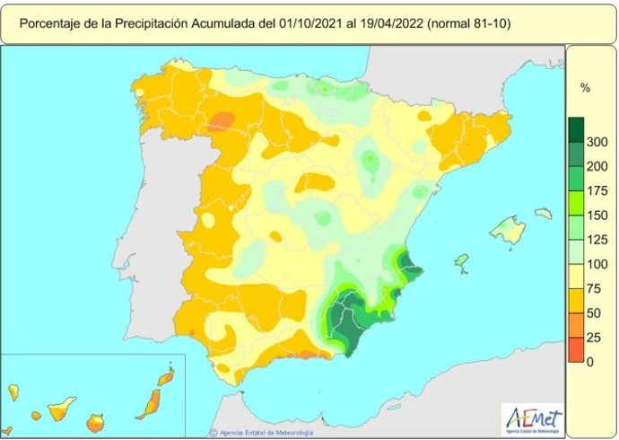 Porcentaje de acumulación de precipitaciones sobre el conjunto de España en lo que va de año hidrológico, que comenzó el 1 de octubre de 2021, hasta el 19 de abril de 2022.