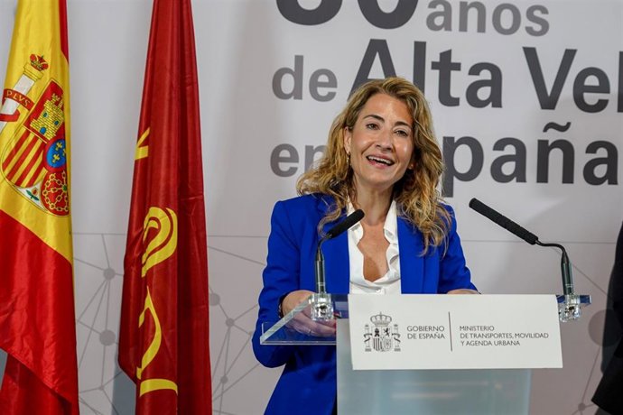 La ministra de Transportes, Movilidad y Agenda Urbana, Raquel Sánchez, durante su intervención en el acto que conmemora el primer viaje del AVE en España