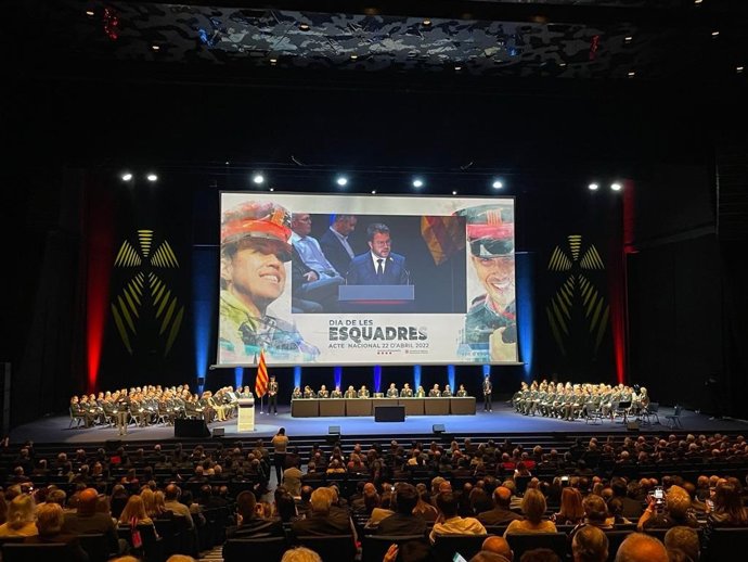 El president de la Generalitat, Pere Aragons, durante su intervención en el dia de les Esquadres, a día 22 de abril de 2022