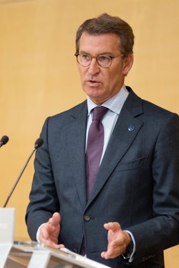 El presidente de la Xunta, Alberto Núñez Feijóo, en la rueda de prensa de este jueves en Vigo.