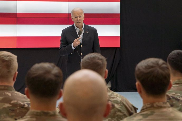 March 25, 2022, Jasionka, Poland: U.S President Joe Biden, address U.S. paratroopers with the 82nd Airborne Division deployed with NATO allies near the Ukraine border, March 25, 2022 in Jasionka, Poland.,Image: 673177419, License: Rights-managed, Restri