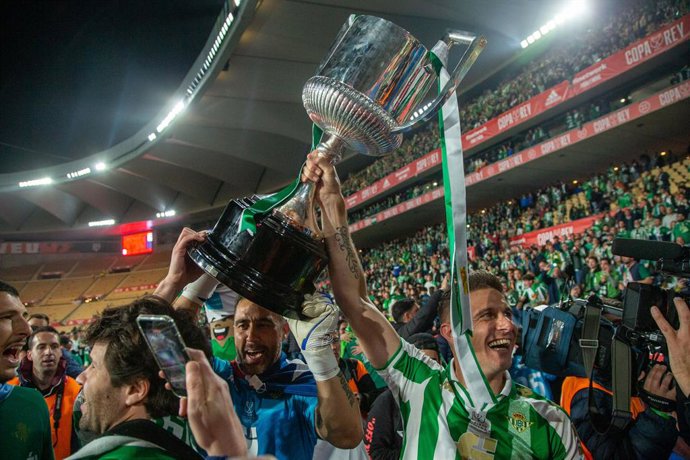 Joaquin Sanchez of Real Betis celebrate the victory with the Champions trophy celebrates the victory after winning the Spanish Cup, Copa del Rey, football Final match played between Real Betis Balompie and Valencia CF at Estadio de la Cartuja on April 2