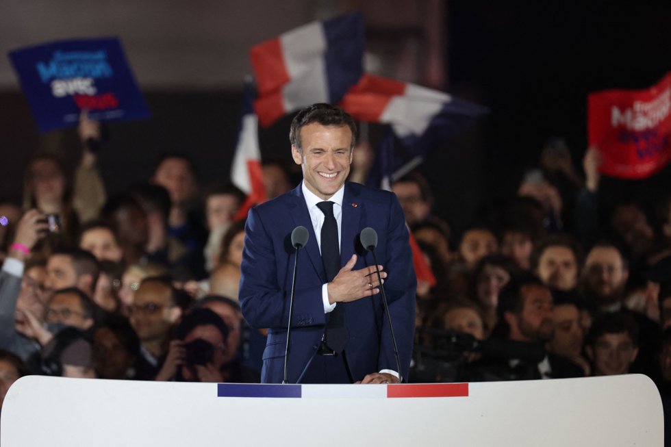 24 April 2022, France, Paris: Emmanuel Macron, President of France, celebrates with his supporters on the Champ de Mars. Photo: Thomas Coex/AFP/dpa