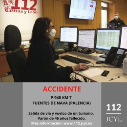 Imagen de una operadora del 112 y del gráfico con datos del accidente mortal en Palencia