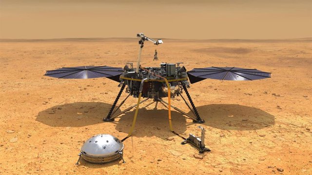 Esta ilustración muestra la nave espacial InSight de la NASA con sus instrumentos desplegados en la superficie marciana.