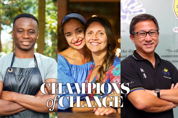Winners of The Worlds 50 Best Restaurants 2022 Champions of Change awards (L-R);  Dieuveil Malonga, Alissa Timoshkina & Olia Hercules, and Koh Seng Choon