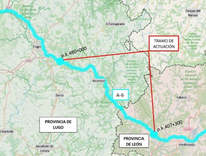 Plano del tramo de la A-6 en el que se actuará.