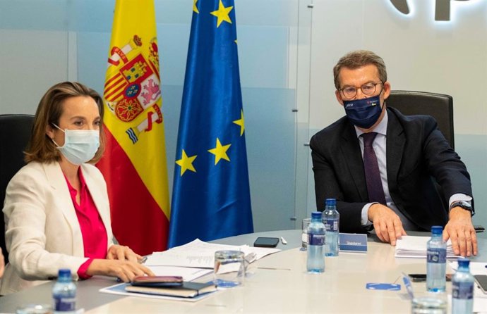 El líder del PP, Alberto Núñez Feijóo, y la secretaria general del PP, Cuca Gamarra, en la reunión del comité de dirección del PP. En Madrid, a 25 de abril de 2022.