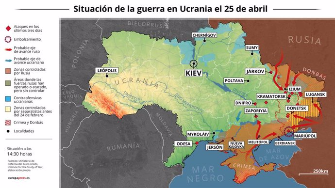 Mapa con la situación de la guerra en Ucrania el 25 de abril de 2022 (Estado a las 14:30 horas). Las autoridades rusas han anunciado este lunes un alto el fuego unilateral a partir de las 14.00 (hora local) para poder facilitar la puesta en marcha de un