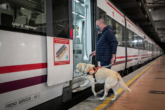Un perro guia accede al tren.