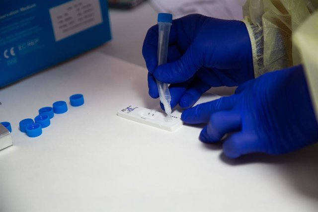 Archivo - Una sanitària comprova el resultat d'un test d'antígens.