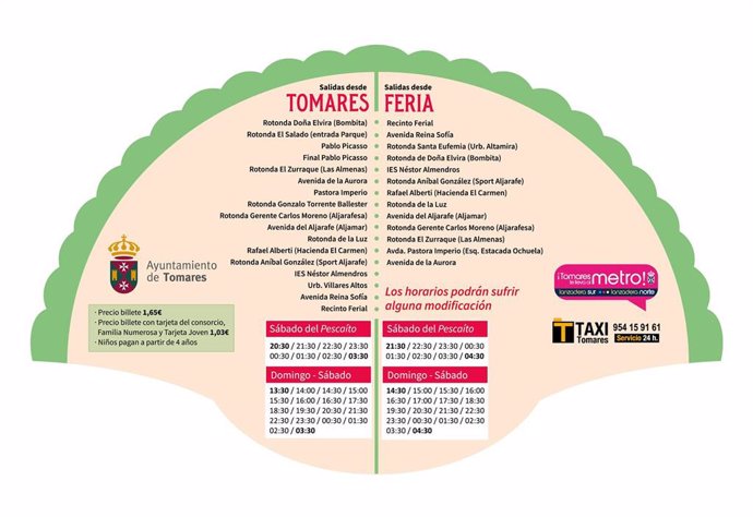 El recorrido y los horarios del autobús que fleta el Ayuntamiento de Tomares para llevar a los vecinos a la Feria de Abril.