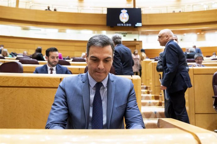 El presidente del Gobierno, Pedro Sánchez, en una sesión de control al Gobierno en el Senado, a 26 de abril de 2022, en Madrid (España). Esta es la segunda vez que el presidente del Ejecutivo asiste al Senado en lo que llevamos de 2022 por motivos inter