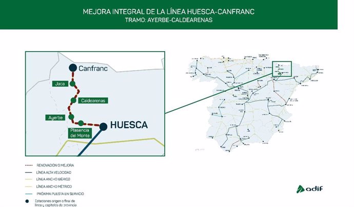 El Gobierno autoriza a Adif la renovación integral del tramo Ayerbe-Caldearenas por cerca de 48 millones de euros