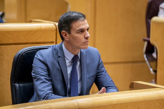 El presidente del Gobierno, Pedro Sánchez, en una sesión de control al Gobierno en el Senado, a 26 de abril de 2022, en Madrid (España). Esta es la segunda vez que el presidente del Ejecutivo asiste al Senado en lo que llevamos de 2022 por motivos inter