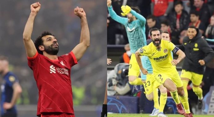 El delantero del Liverpool Mohamed Sañah celebra un gol (izquierda) y el defensa del Villarreal Raúl Albiol festeja el pase a semifinales de la Liga de Campeones 2021-2022 (derecha).
