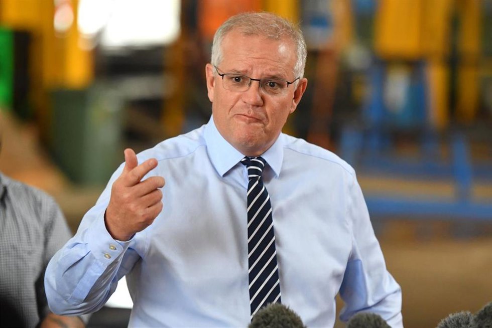 Prime Minister Scott Morrison at a press conference after visiting TEi engineering and steel fabrication company on Day 16 of the 2022 federal election campaign, in Townsville, in the seat of Herbert. Tuesday, April 26, 2022. (AAP Image/Mick Tsikas) NO 