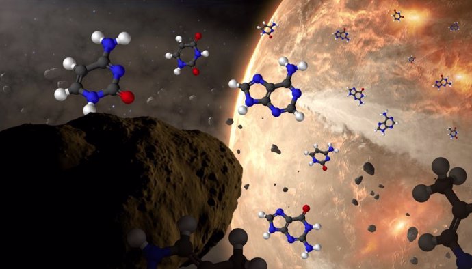 Imagen conceptual de meteoroides entregando nucleobases a la Tierra antigua. Las nucleobases están representadas por diagramas estructurales con átomos de hidrógeno como esferas blancas, carbono como negro, nitrógeno como azul y oxígeno como rojo.