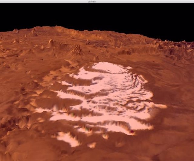 Vista en perspectiva del casquete polar sur de Marte usando imágenes de las misiones Viking colocadas sobre la topografía del altímetro láser Mars Orbiter.