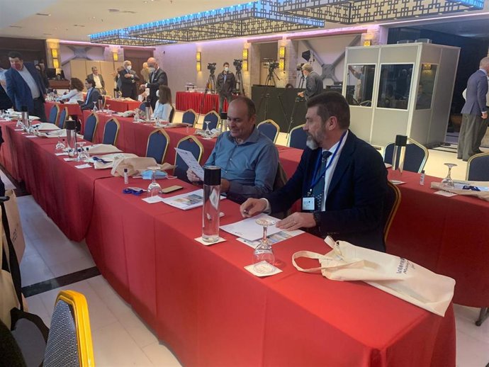 El director general del medio Natural, Fulgencio Perona, durante la conferencia de balance del proyecto europeo Inherit sobre el conocimiento adquirido en materia de protección de y valorización del patrimonio natural, que se celebra en Mystras.