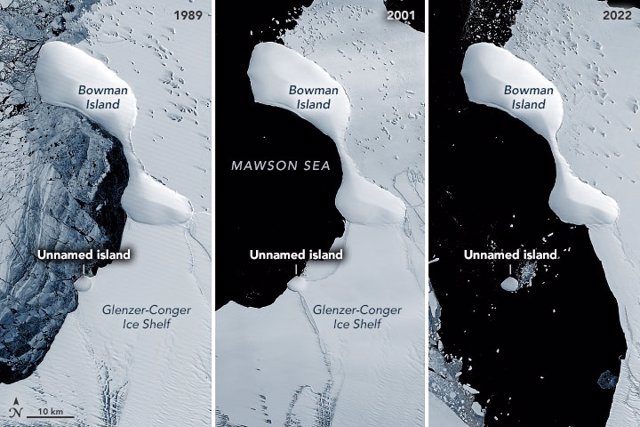 Secuencia de imágenes de la 'isla sin nombre' localizada en la costa ese de la Antártida