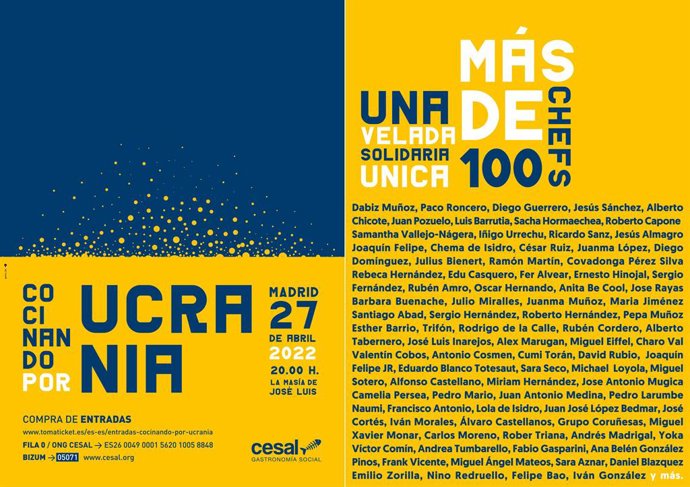 Más de 100 chefs se unirán en una velada gastronómica única con el fin de recaudar fondos para los refugiados de la guerra de Ucrania