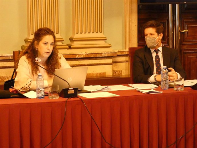 Noelia Álvarez, viceportavoz del grupo municipal de Cs en el Ayuntamiento de Huelva, y Guillermo García de Longoria, portavoz, en el pleno municipal celebrado este miércoles.